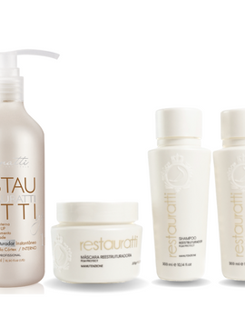 COMBO S.O.S RESTAURATTI 4 STEPS (FIBER RESTORER 17oz + HOME CARE SET ) - It acts directly on the hair fiber, restoring it from the aggressions caused by chemical processes. Recommended for hair processed by bleach.