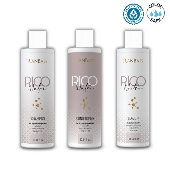 Rico Nutri 3 Steps - Daily maintenance kit for chemically treated, dry, and dull hair (Shampoo 10.14 fl. oz + Conditioner 10.14 oz + Leave-in 10.14 fl. oz). All steps are sulfate-free and feature color safe technology to prevent fading of colored hair.