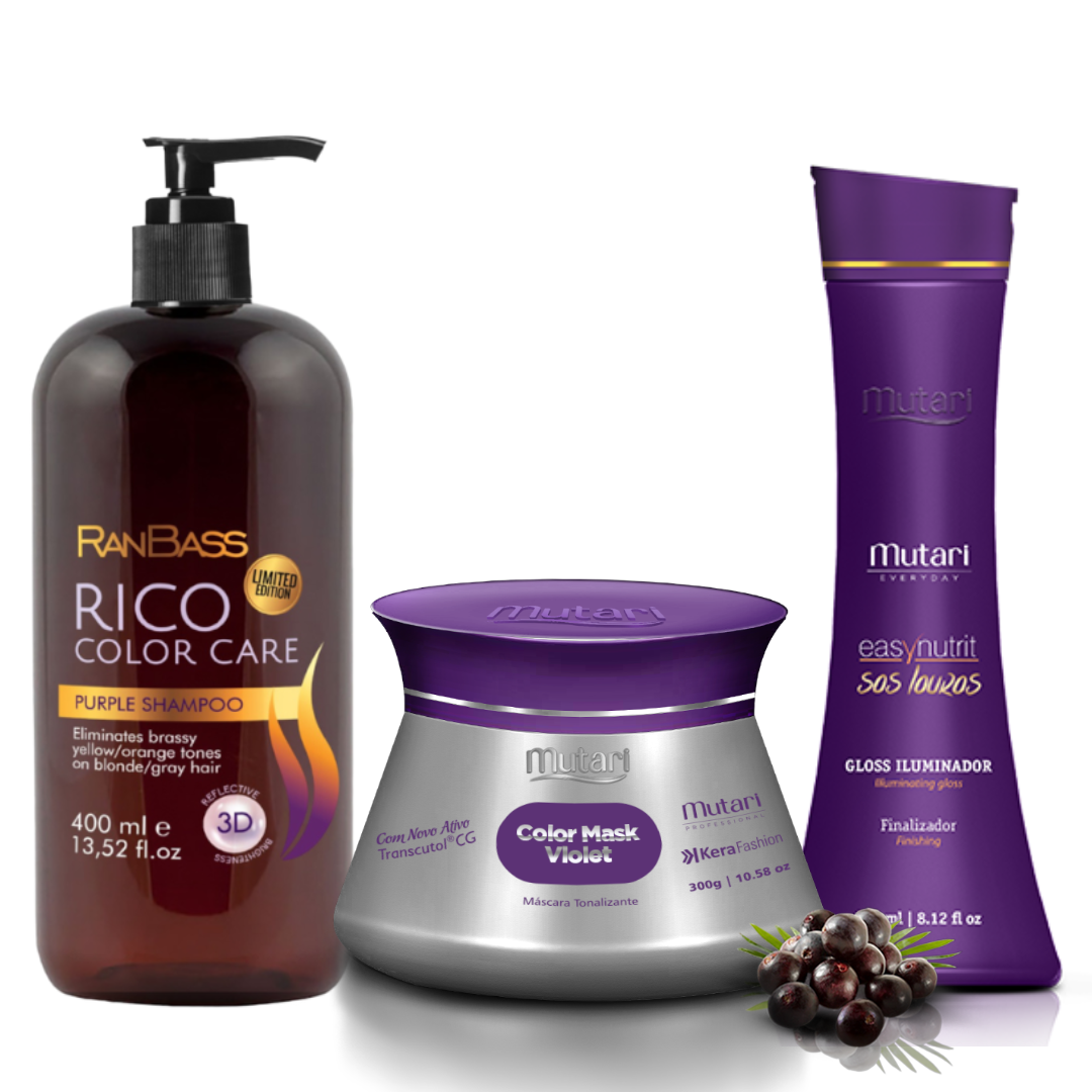 COMBO RICO COLOR CARE PURPLE SHAMPOO + COLOR MASK VIOLET - SPECIALLY DEVELOPED TO NEUTRALIZE THE GOLDEN REFLECTIONS OF THE THREADS + LEAVE-IN FINISHER GLOSS ILLUMINATOR MUTARI WITH SUNBLOCK - 240ML / 8.12FL OZ