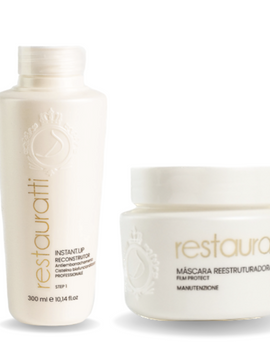RESTAURATTI 2 STEPS (FIBER RESTORER 10oz + RESTAURATTI MASK 300G ) - It acts directly on the hair fiber, restoring it from the aggressions caused by chemical processes. Recommended for hair processed by bleach.