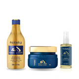 Gold Set - Baño de Oro - 3 Steps - Home Care (Shampoo + Mask + Leave-in) - For all hair types, with hyaluronic acid, hydrolyzed keratin for instant strand repair.